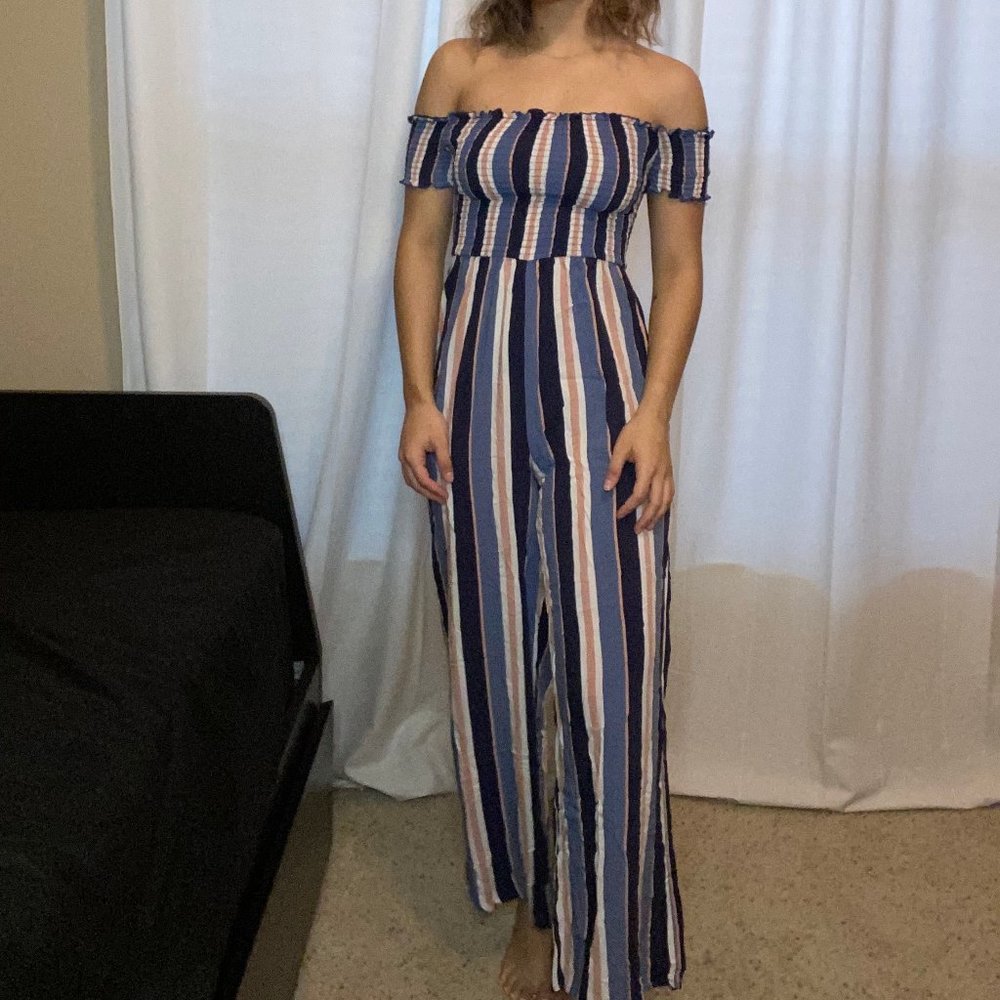 Striped Off the Shoulder Jumpsuit | Small